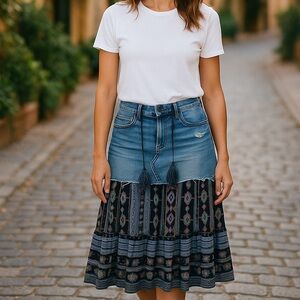 Upcycled AEO American Eagle Outfitters Distressed denim Bohemian Skirt Size 4